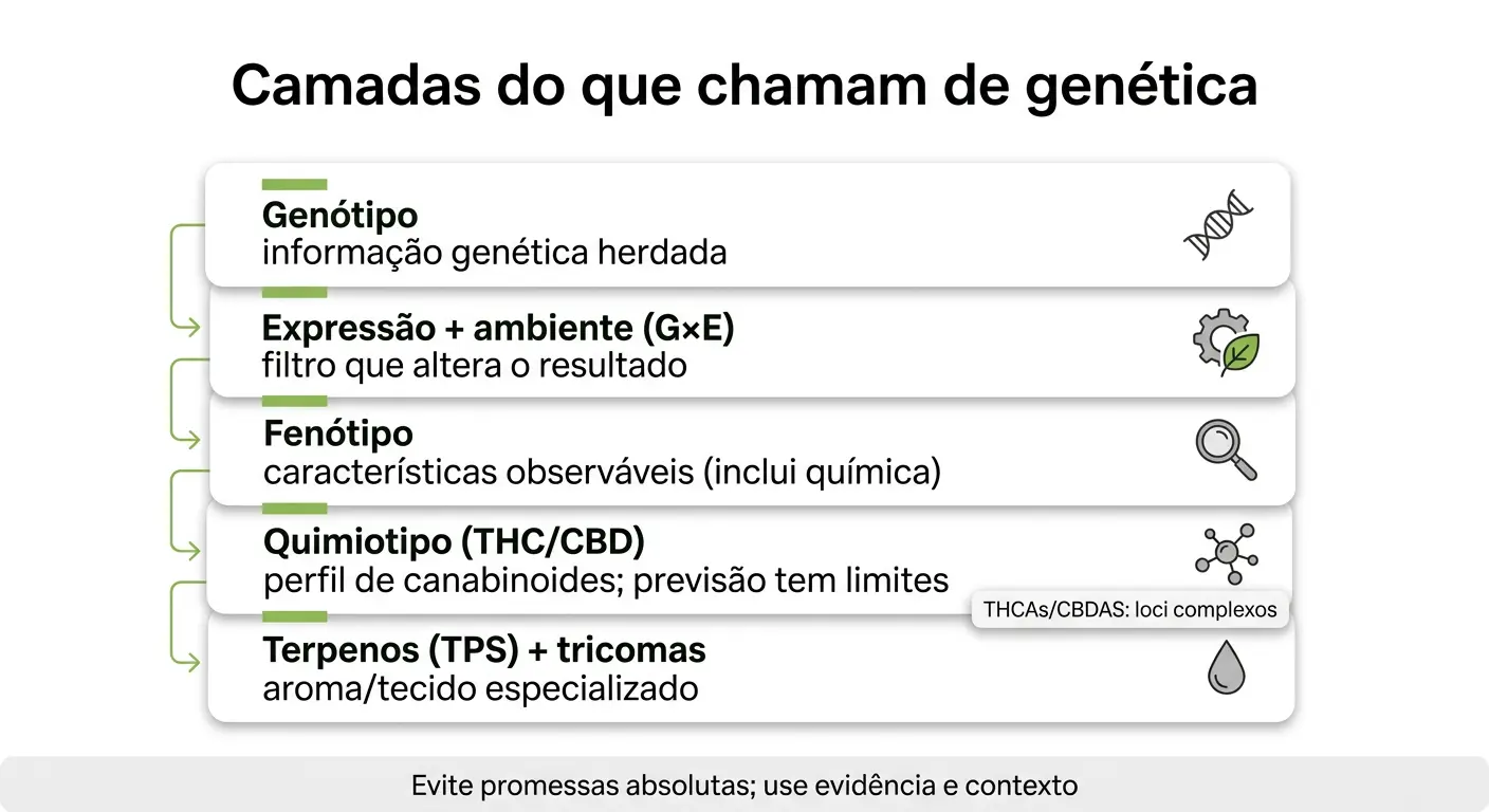 Infográfico sobre genética explicando a diferença entre genótipo, interação gene-ambiente (GxE), fenótipo, quimiotipo (THC e CBD) e terpenos na planta de cannabis.