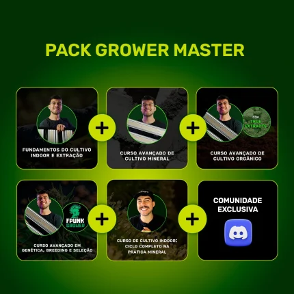 A capa do produto Combo 6 Cursos de Cultivo Indoor possui diversos quadrados com o rótulo dos outros cursos da Cultlight. Esses rótulos possuem a foto do Cadu, que é um homem branco, de olhos verdes.