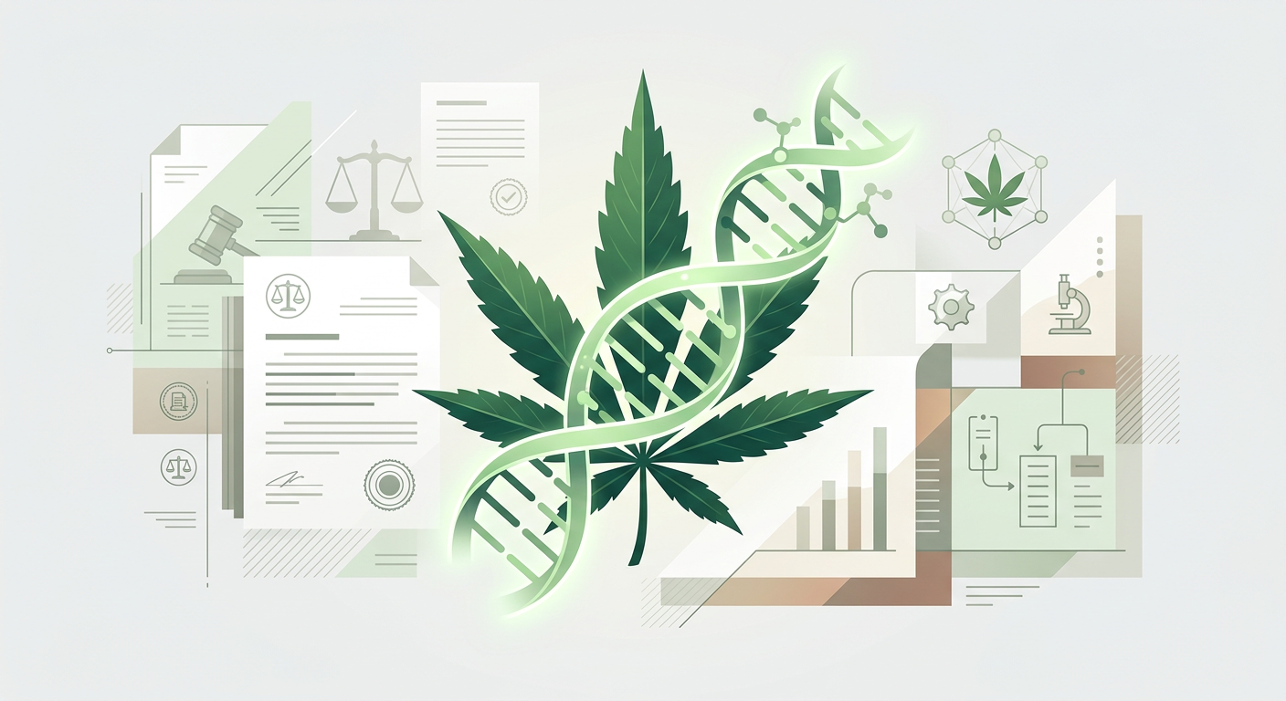 Ilustração conceitual sobre genética da cannabis e lei brasileira, mostrando uma folha da planta unida a uma fita de DNA, com elementos abstratos de documentos jurídicos ao fundo.