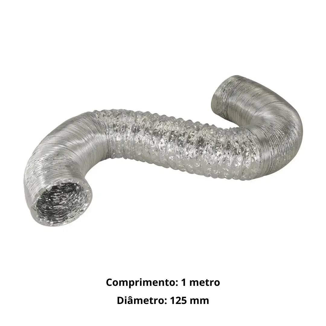 duto-de-aluminio-flexivel-125-1metro-01 A aparência do duto de alumínio flexível 125mm é prateada e o formato é circular, parecendo uma sanfona.