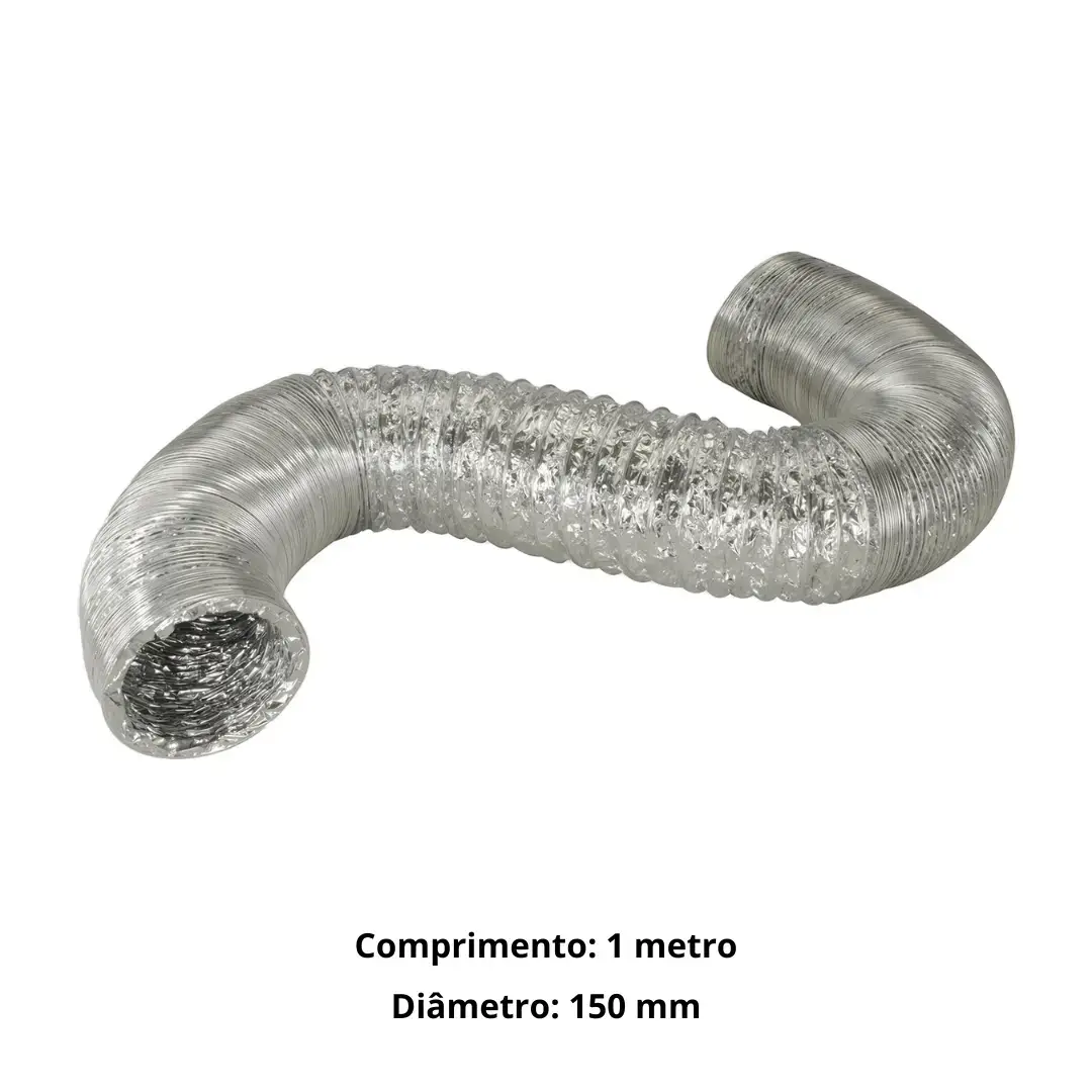 duto-de-aluminio-flexivel-150-1metro-01 A aparência do duto de alumínio flexível 150mm é prateada e o formato é circular, parecendo uma sanfona.