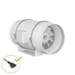 Visão diagonal do Exaustor MAXX 150mm 127V. Na cor branca, o produto é cilíndrico e possui uma base retângular. Dentro dele, existem hélices, também na cor branca.