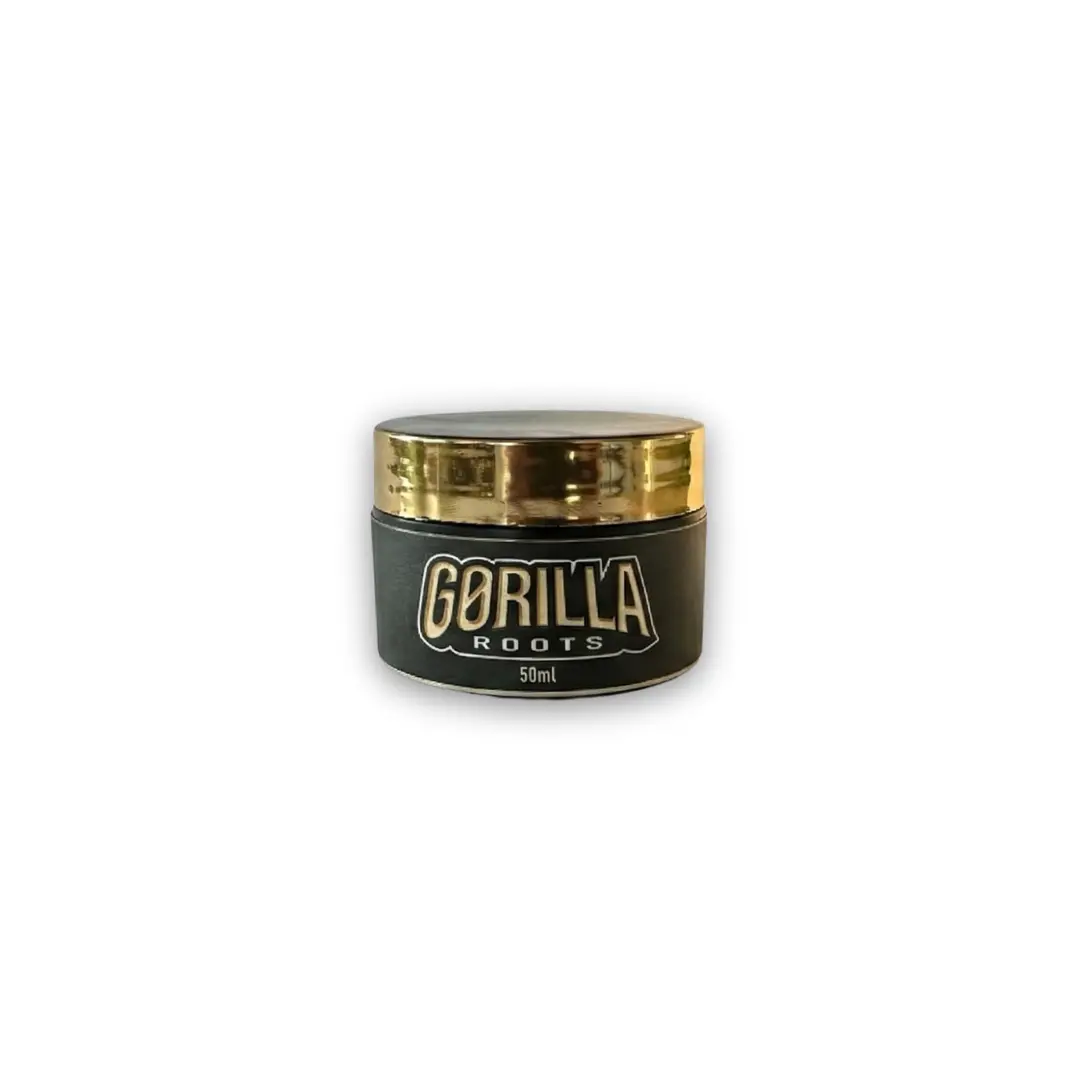 gorilla-roots-50ml-gel enraizador-para-clonagem A embalagem do Gorilla Roots Gel 50ml é cilíndrica e possui a cor preta com detalhes em dourado.