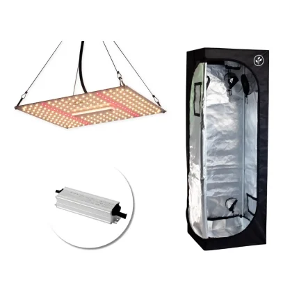Kit de cultivo composto por uma estufa retangular de cor preta e um painel de LED retângular na cor branca.