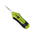 A tesoura de poda reta é feita de plástico verde, com partes de borracha preta para dar atrito.