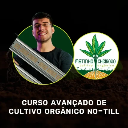 A capa do curso avançado em cultivo orgânico no-till possui uma foto do Cadu, que é u homem branco de óculos, e uma foto da logotipo do Matinho Cheiroso, que é uma folha de maconha saindo do solo.