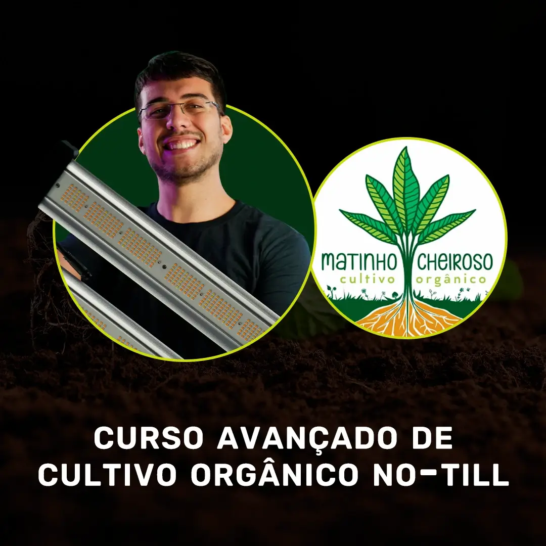 curso-avancado-em-cultivo-indoor-organico-no-till A capa do curso avançado em cultivo orgânico no-till possui uma foto do Cadu, que é u homem branco de óculos, e uma foto da logotipo do Matinho Cheiroso, que é uma folha de maconha saindo do solo.