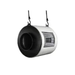 Visão diagonal do filtro de carvão Garden HighPro. O produto é cilíndrico, branco no meio e preto nas pontas, possuindo um buraco no meio para encaixar os dutos de ar. Existe um recorte lateral na imagem para mostrar as múltiplas camadas interiores de filtragem.