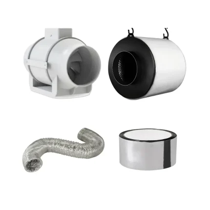 Imagem do Kit de Climatização 125mm para cultivo indoor, com exaustor silencioso, filtro de carvão ativado, duto de alumínio flexível e rolo de fita aluminizada