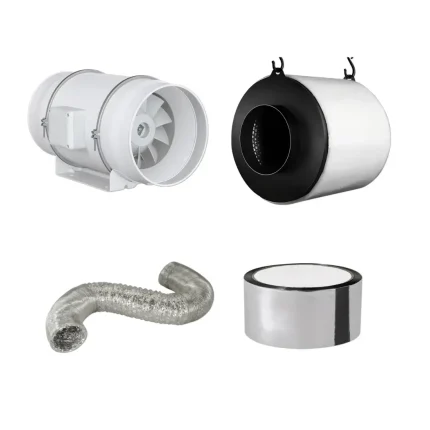 Imagem do Kit de Climatização 150mm para cultivo indoor, com exaustor silencioso, filtro de carvão ativado, duto de alumínio flexível e rolo de fita aluminizada