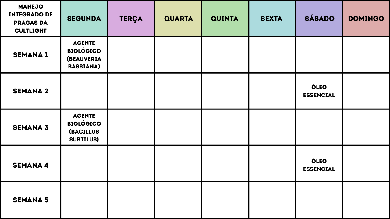 De acordo com o Manejo Integrado de Pragas da Cultlight, você deve aplicar beauveria bassiana na segunda-feira da primeira semana; aplicar óleo de andiroba no sábado da segunda semana; aplicar bacillus subtilus na segunda-feira da terceira semana; e aplicar óleo de andiroba no sábado da quarta semana.