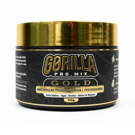 A embalagem das Micorrizas | Rizobactérias | Trichodermas | ProMix Gold 100g é cilíndrica e possui a cor preta com detalhes em dourado.