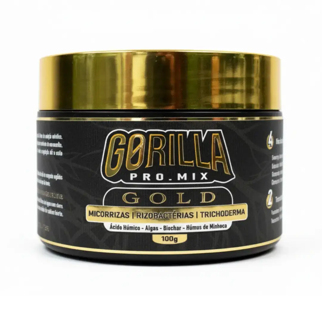 micorrizas-rizobactérias-trichodermas-promix-gold-100g-01 A embalagem das Micorrizas | Rizobactérias | Trichodermas | ProMix Gold 100g é cilíndrica e possui a cor preta com detalhes em dourado.