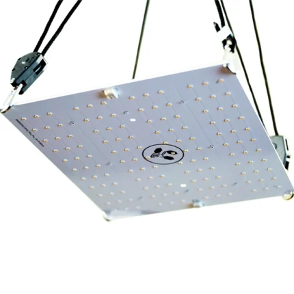 Visão de baixo da Quantum Board Cultlight 65 watts. O produto é retangular, feito de alumínio branco e com quatro ganchos nas pontas para prendê-lo no ambiente de cultivo. Na superfície inferior, existem lâmpadas de LED desligadas.
